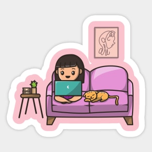 Cute Girl Working On Laptop With Cat Cartoon Sticker